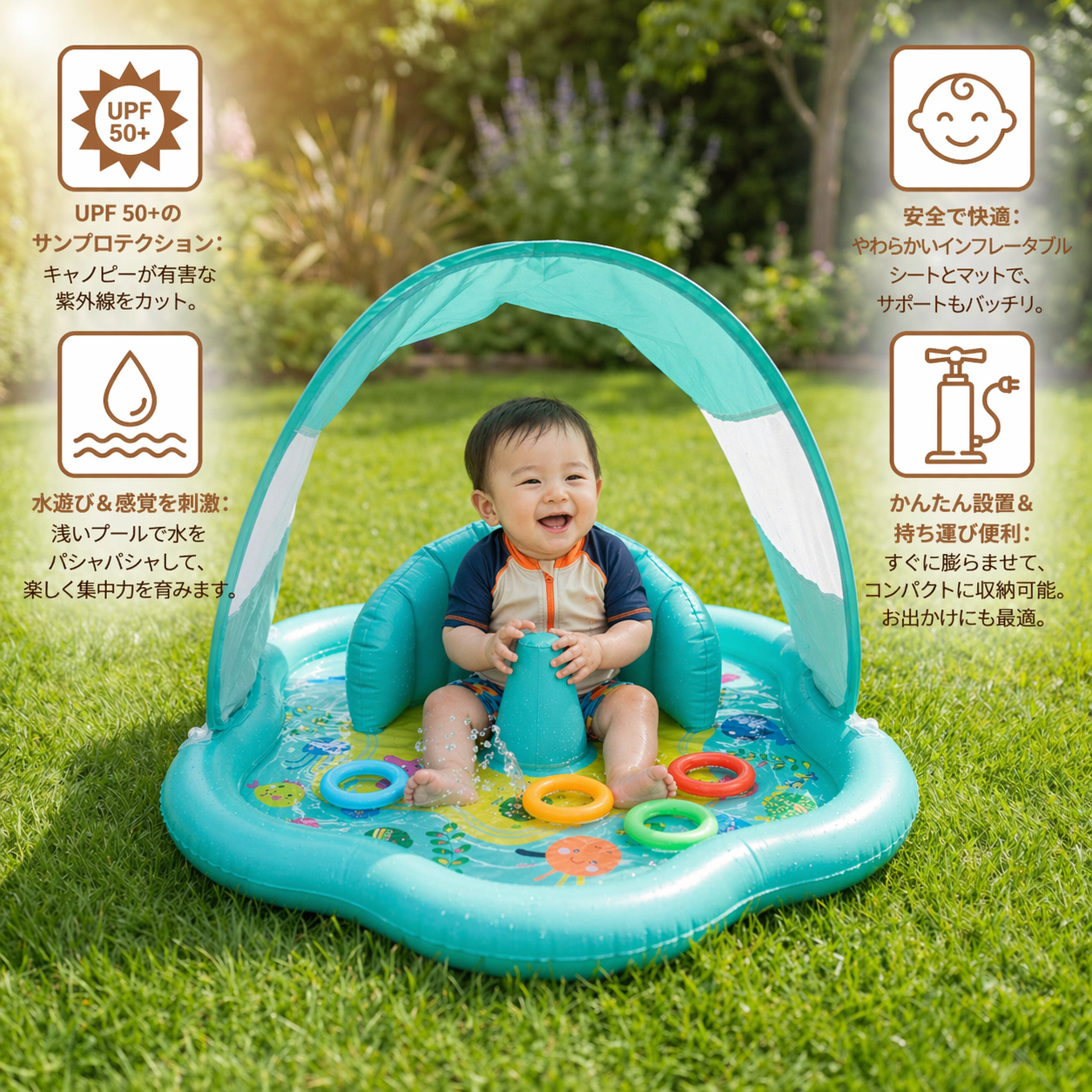 日よけキャノピー付き ベビー用ウォータープレイマット（空気式）｜赤ちゃん・幼児の水遊びに最適