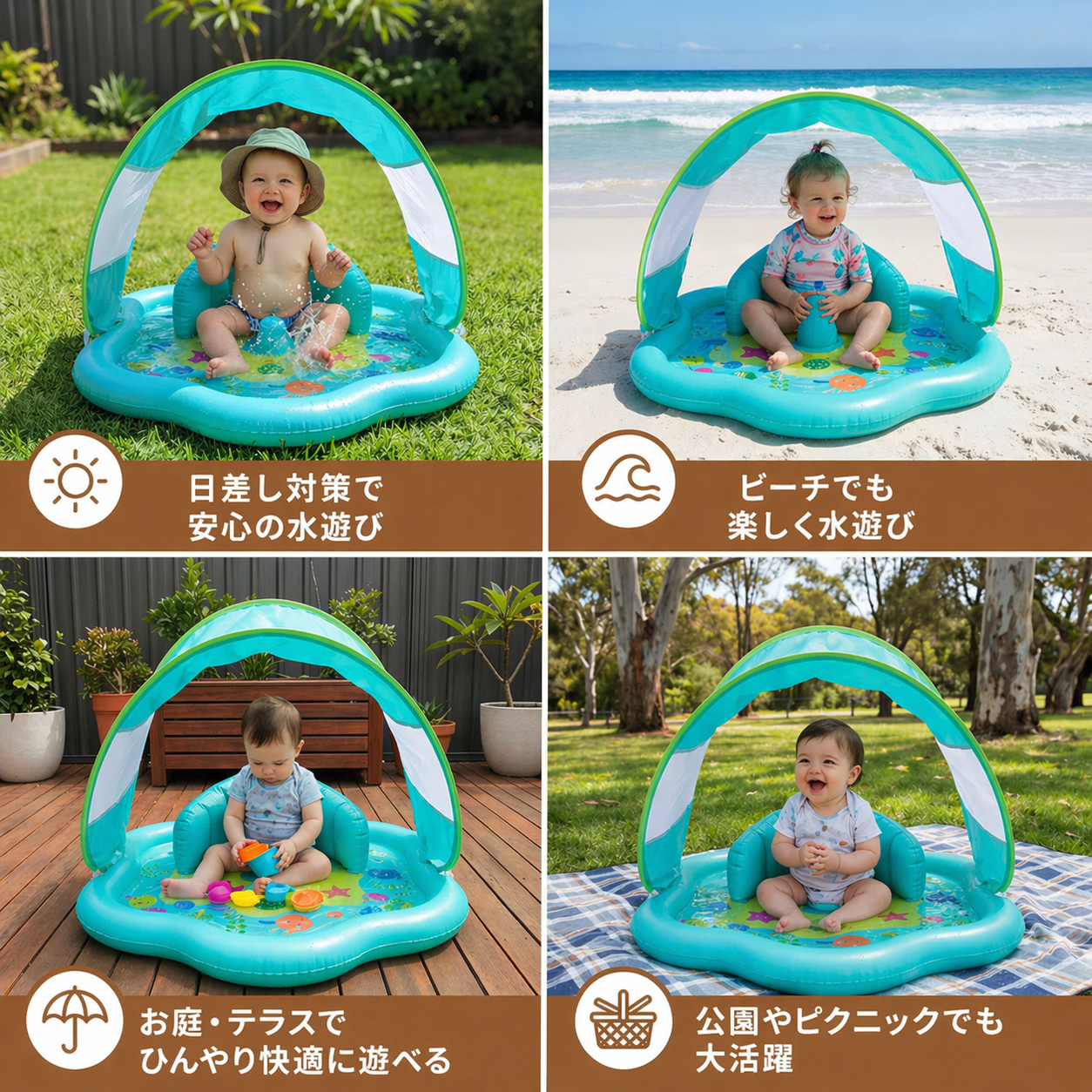 日よけキャノピー付き ベビー用ウォータープレイマット（空気式）｜赤ちゃん・幼児の水遊びに最適